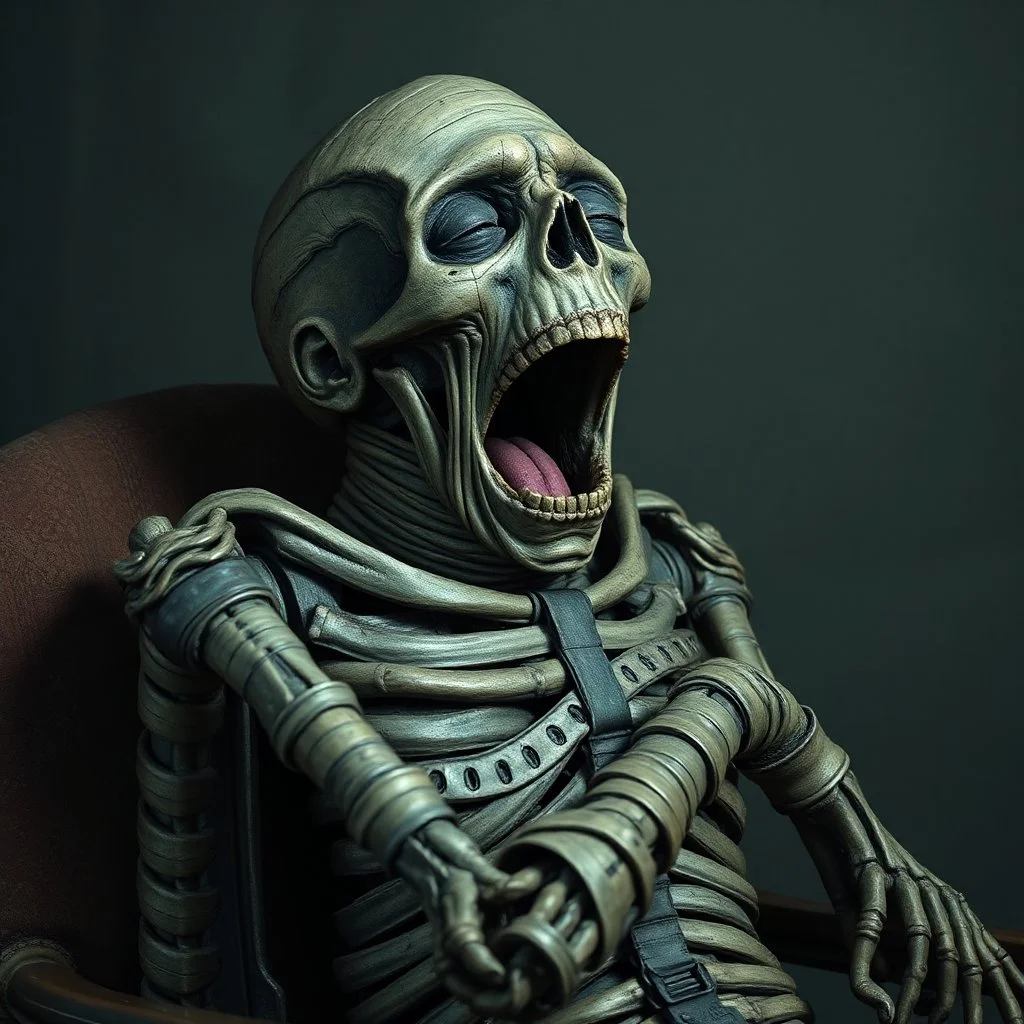 a decrepit mummy leaned over in a chair, mouth open, eyes closed