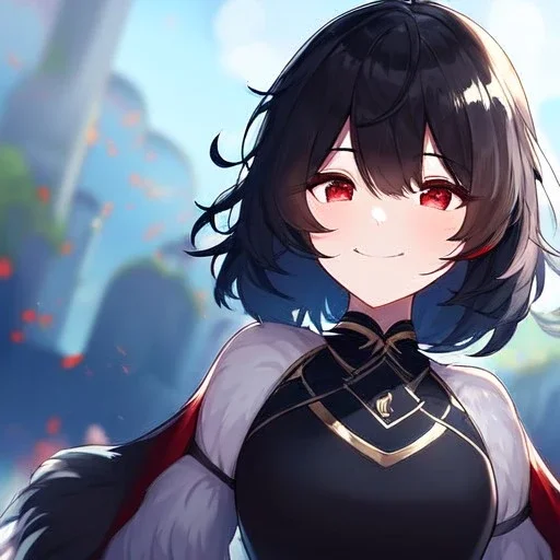 Clear focus,High resolution, black short fluffy hair, long fluffy bangs, and red eyes, Depressed girl, wearing a techy outfit, Smug smile, half closed eyes, smile, outfit pic