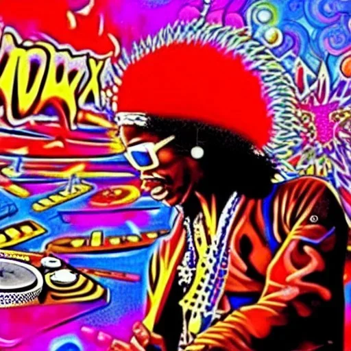 a realistic picture of Jimi Hendrix at a turntable with headphones on being a DJ, vivid color, with sunglasses, psychedelic trippy art, with UFOs in the background