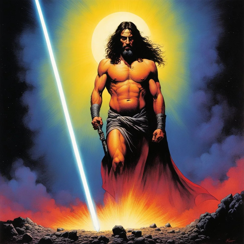 [art by Richard Corben] Jesus with a lightsaber opening the belly of the devil