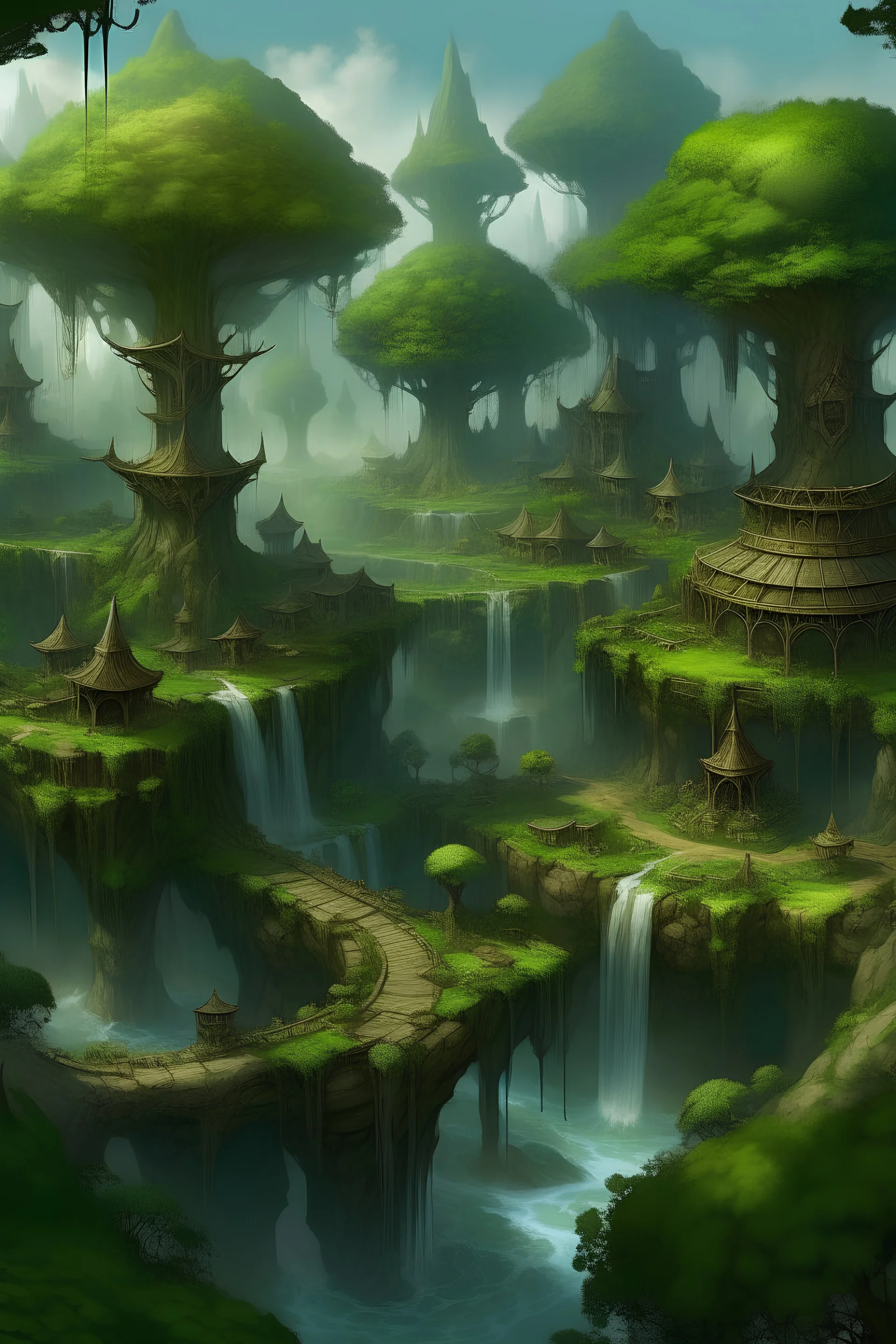 Elven forest, grove, town, fountain in the middle,