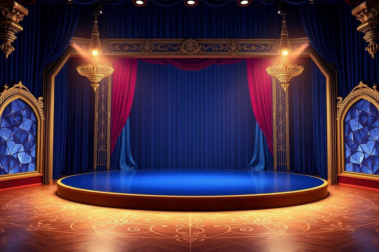 image of a Royal stage with 3d fractal base decoration with large dance area in dark blue teme