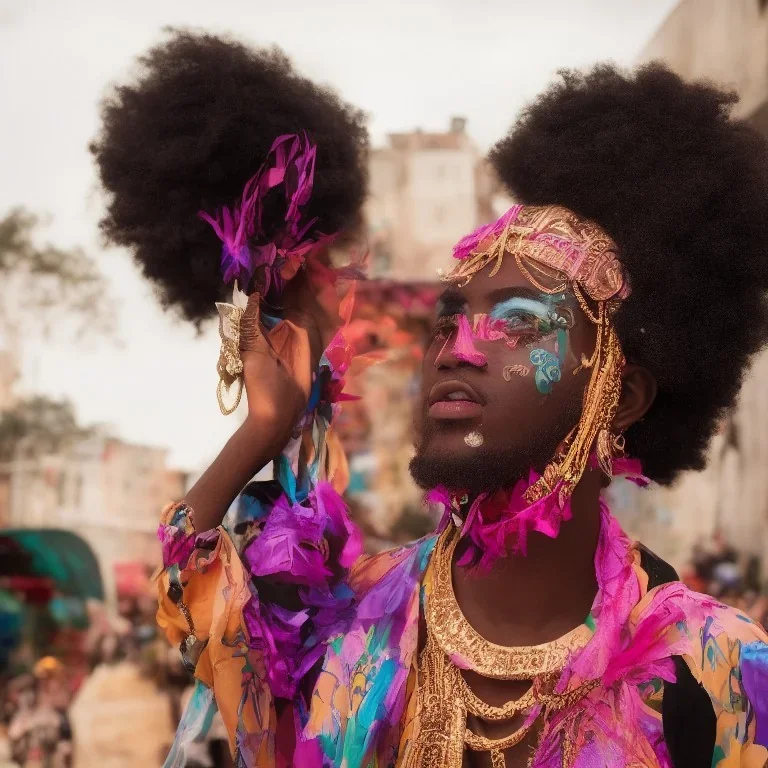 full body shot, masterpiece, best quality, man of median age, black skinned, sparkling eyes, fluorescent skin, colorful makeup, afro, highly detailed body, afrofuturism, scifi, sun light, 4K, RAW, depth of field, high contrast, realistic details, 24mm