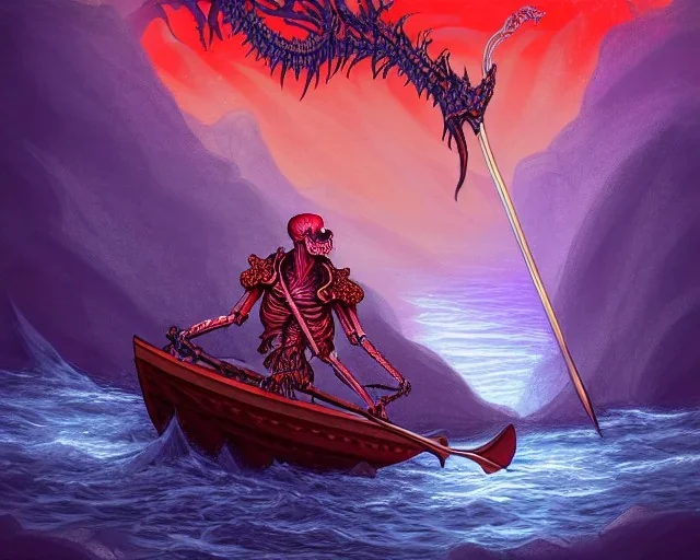 sango fantasy, fantasy magic, intricate, sharp focus, illustration, highly detailed, digital painting, concept art, matte, Greek mythology Charon ferryman, skeleton in full length cape, in boat on river styx, sharp jagged rocks, red purple blue colours, red hot lava river