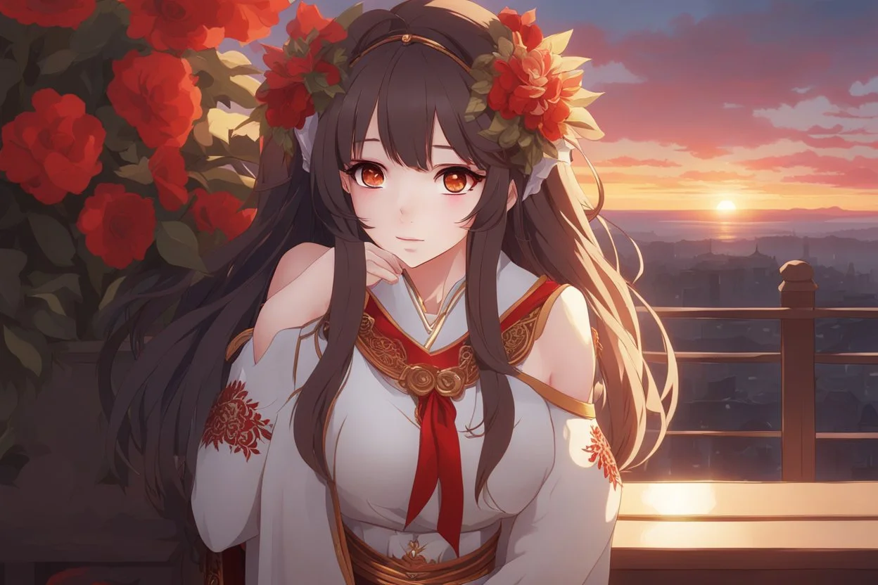 woman with long brown hair, red eyes, pale skin, highly detailed, intricate background, intricate face, standing on a balcony during sunset, contemplative, anime style, Genshin Impact inspired, dynamic composition, pyro vision bearer