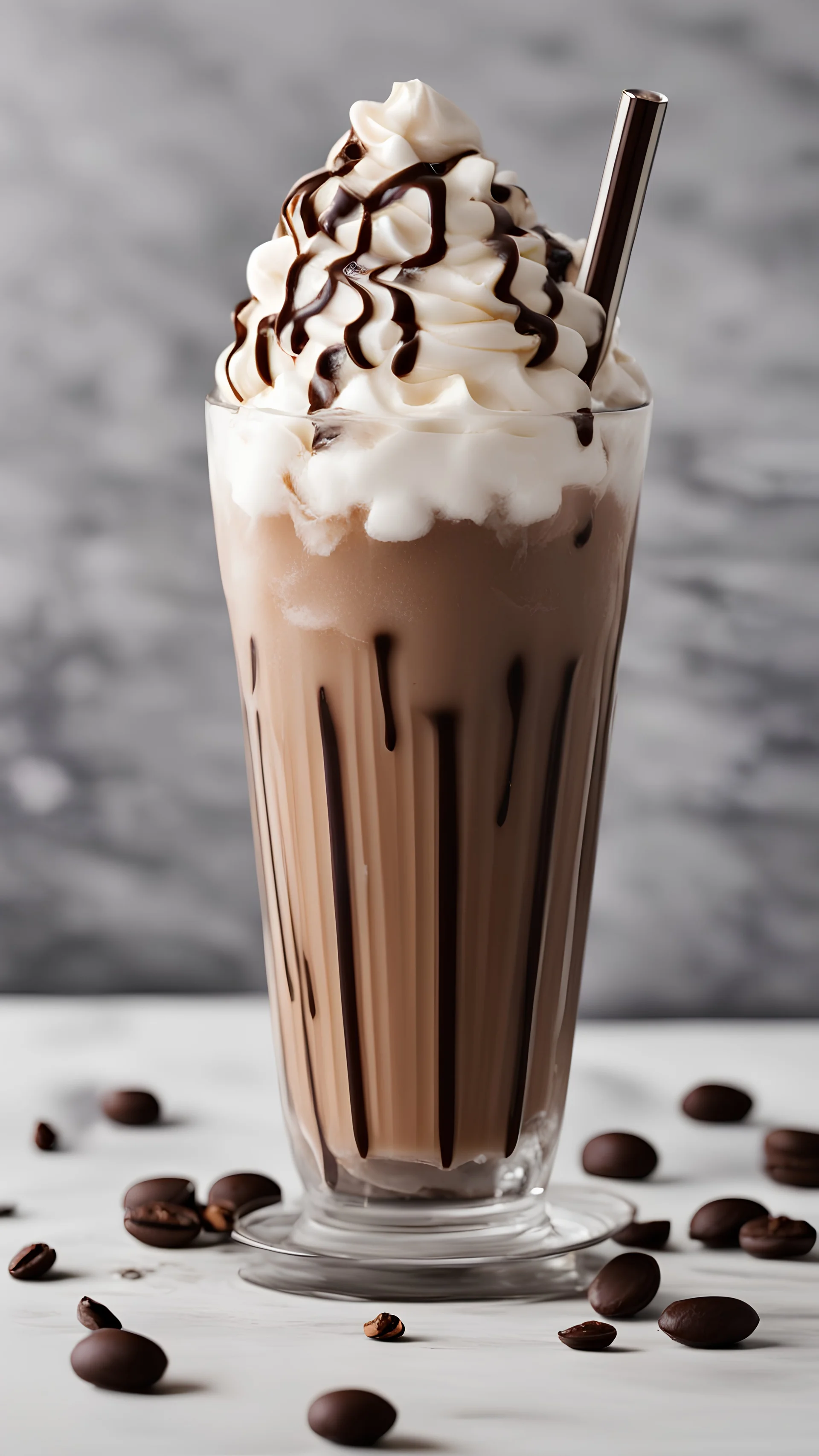 A tall glass filled with ice and topped with whipped cream and chocolate drizzle, with a straw and coffee beans scattered around.