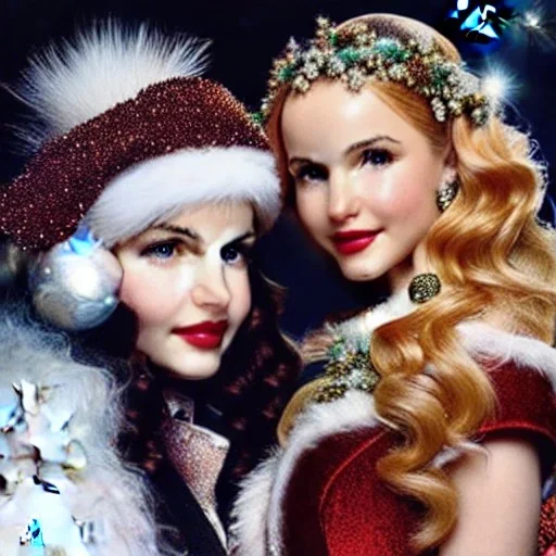 Dove cameron and teen robyn lively, meticulously detailed beautiful faces, meticulously detailed hair; christmas, snow, gothic, sparkles; ethereal fantasy. hues of christmas. hideo kojima. realistic oil painting. victorian era, glitter, snowflakes, holly, pinecones, old fashioned, vintage, antique, beautiful, renaissance, 16k