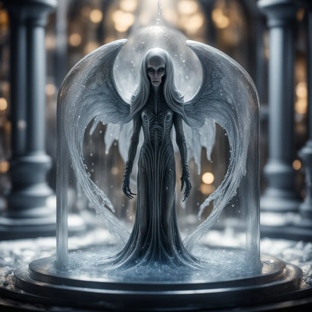 giger escher angel maruk illithid sculpture in transparent murano glass beeing sprinkled by fountain inside frozen glass box,bokeh like f/0.8, tilt-shift lens 8k, high detail, smooth render, down-light, unreal engine,bokeh like f/0.8, tilt-shift lens 8k, high detail, smooth render, down-light, unreal engine