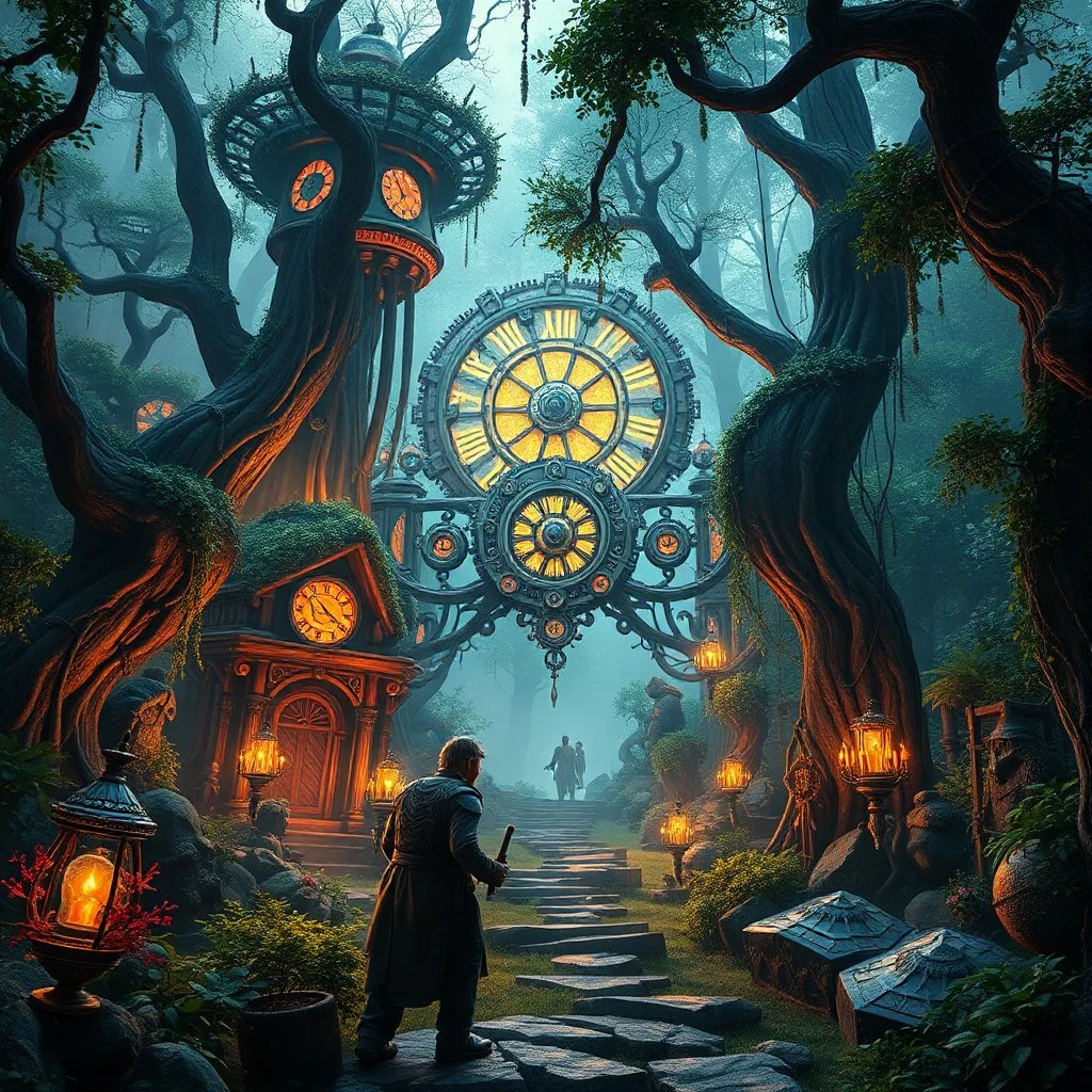 Scene from a modern fantasy action movie featuring the "Garden of Practicality", the Clockwork Forest Realm of Ix Chel, Cyberpunk style. Coloring similar to Lord of the Rings movies.