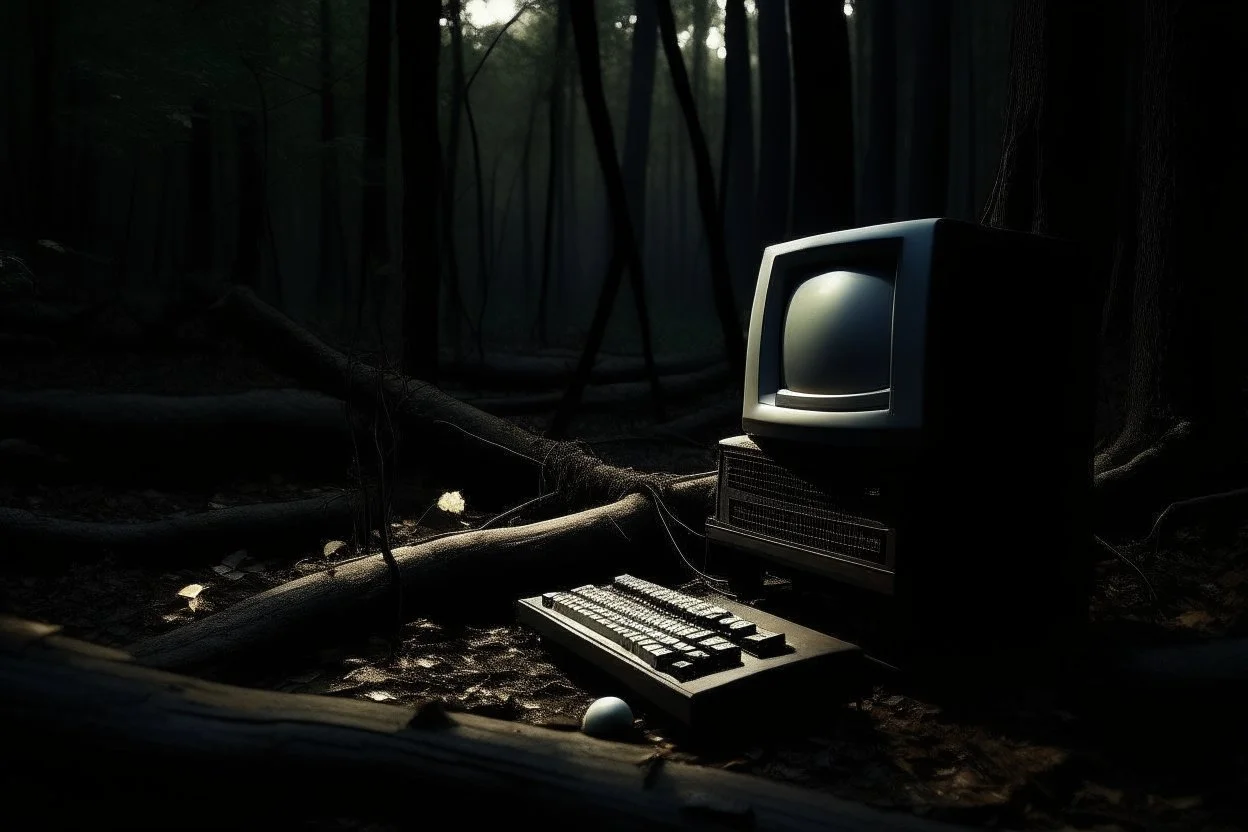 Retro macintosh desktop computer abandoned in the woods, dramatic lighting, shot on leica, dark aesthetic