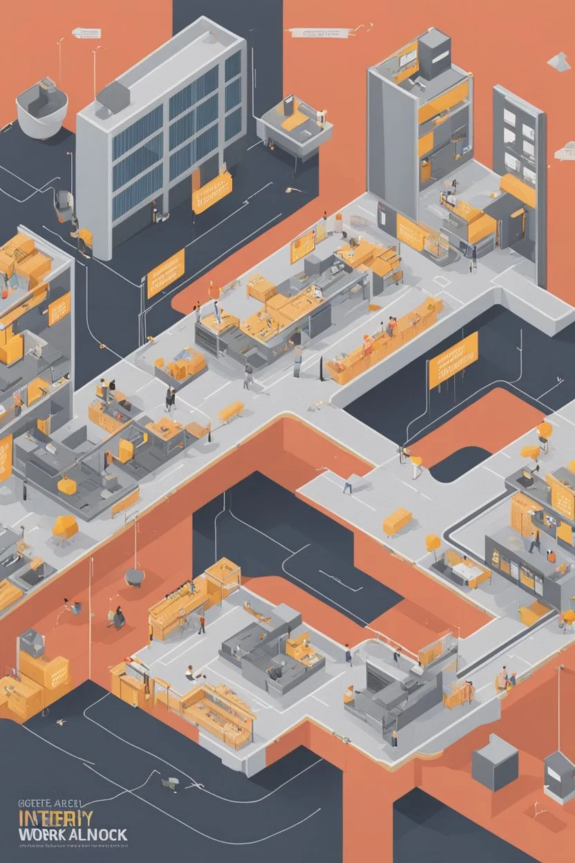 Content Art, **Featured Art:** Isometric Illustration: A detailed isometric illustration of a diverse workplace with interconnected pathways. Each path leads to different scenarios – some with safety hazards or exploitative practices resulting in negative consequences, others showcasing safe work environments and worker rights leading to positive outcomes. **Appearance:** Create an optical illusion where an unsafe work environment or act of exploitation appears initially, but transforms into a s