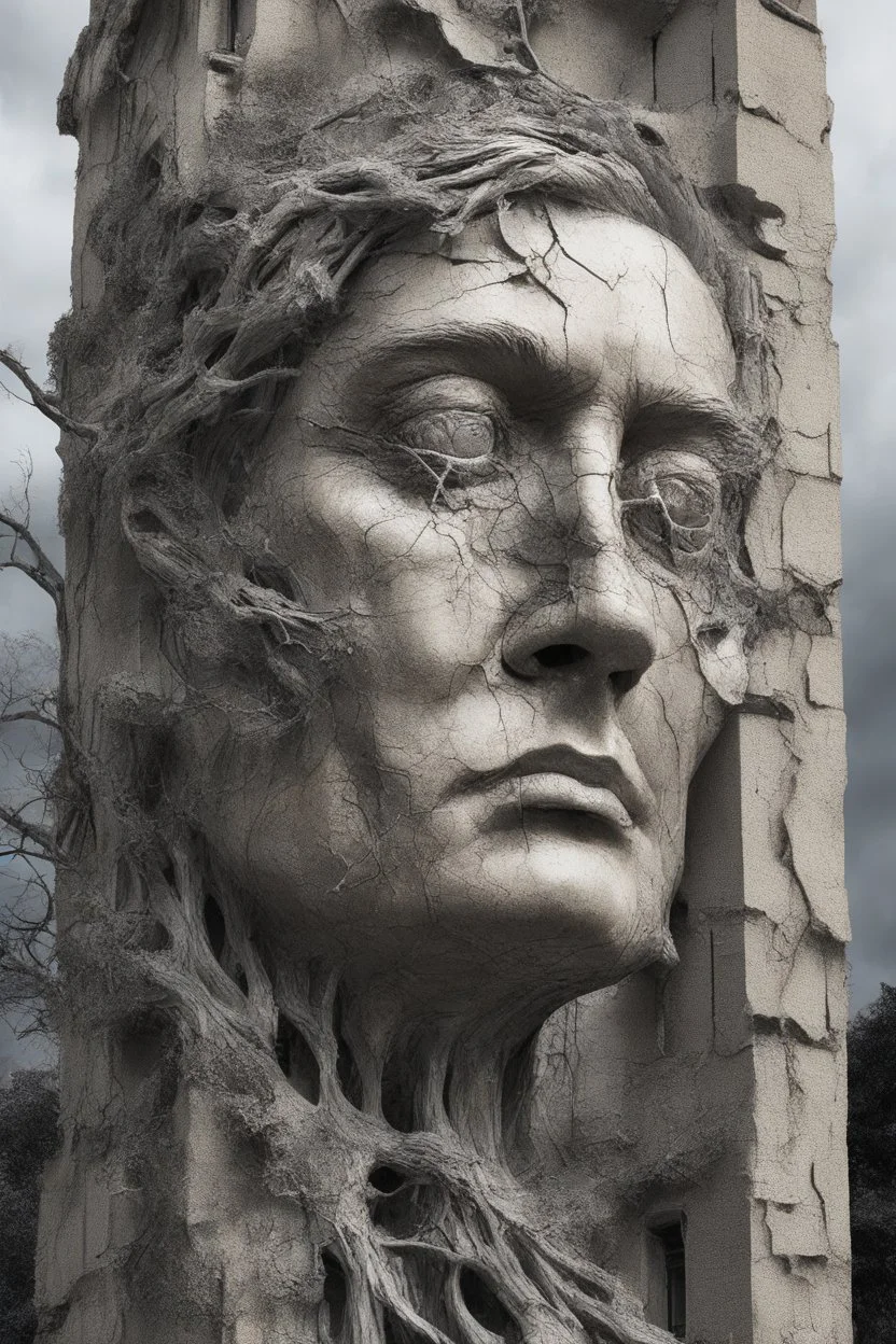 surrealis monochrome A fragmented, surreal sculpture liguid color of photorealistic image 3d,psychedelic art of trump glossy emerging from dreamlike a crumbling building. The face appears pale with deep cracks and intricate details, evoking a haunting expression. Blackened tree branches intertwine with the gold mengkilat cracks, set against a backdrop of stormy, cloud-filled skies. bauhaus art The overall tone is dark and moody, suggesting themes of decay and transformation. Include