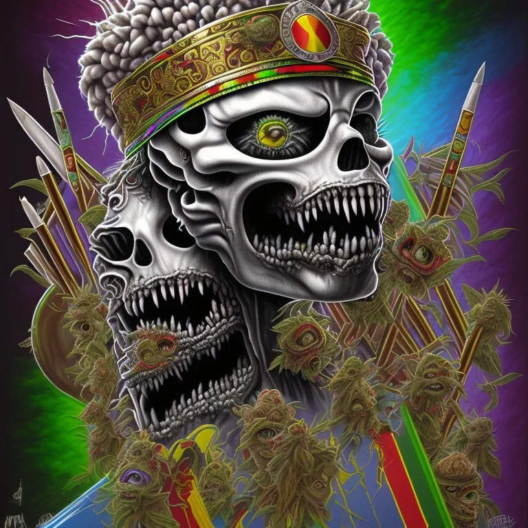 Corps entier Zombie rastafary iron maiden feuille cannabis, yeux rouges, bandeau couleur rasta, couteau en main, sang sur lame du couteau