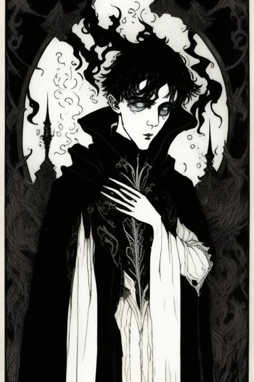 17 year old boy, necromancer, friendly, looks dead, surrounded by weird smoke with eyes, wearing black robes, in the style of Harry Clarke