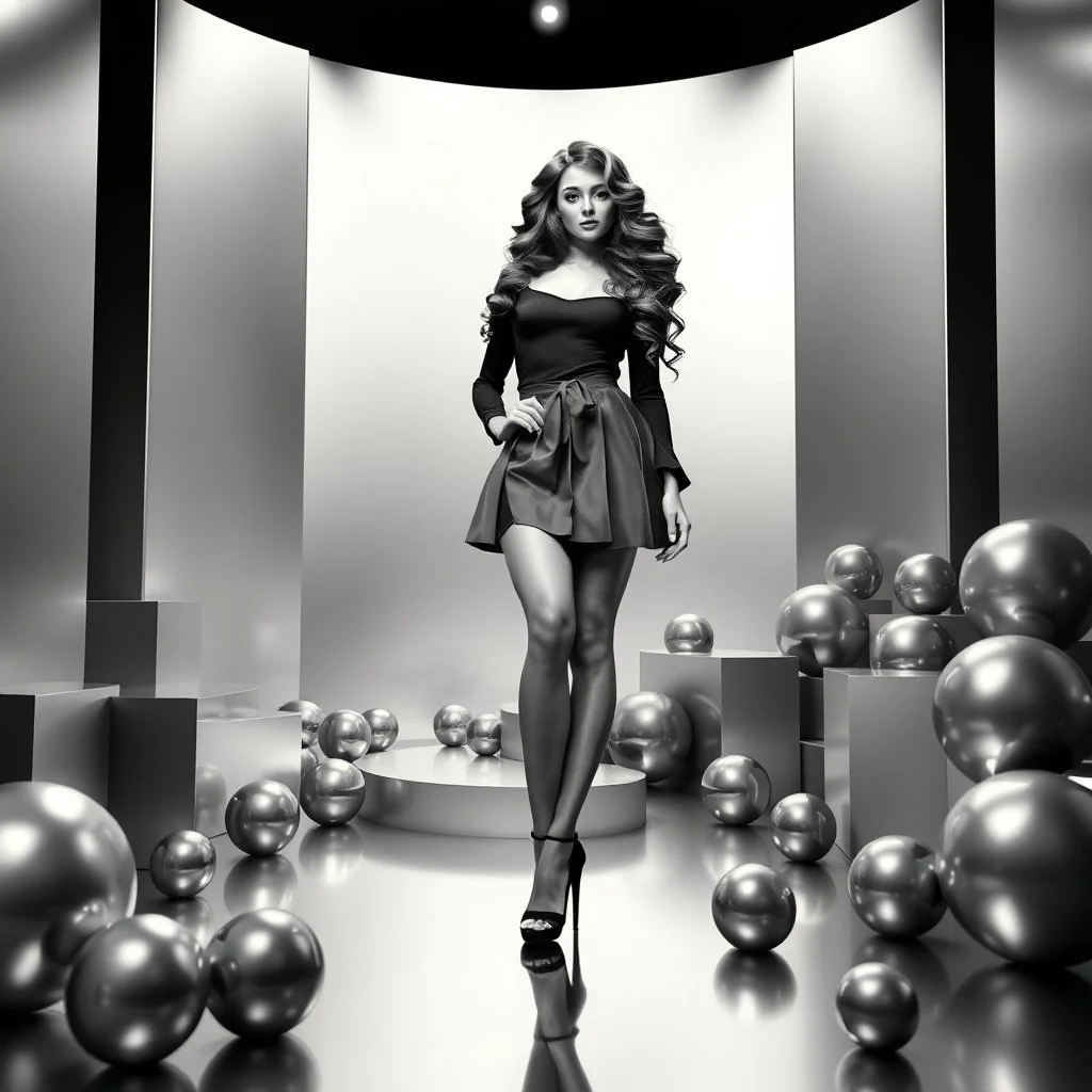 a beautiful black and white art picture of fashion model lady posing with cute and with high heels,midy skirt, pretty stage made of metallic blue-gray teme 3d recursive cubic and sphere base structures and the scene is in color,makeup curvy long hair.