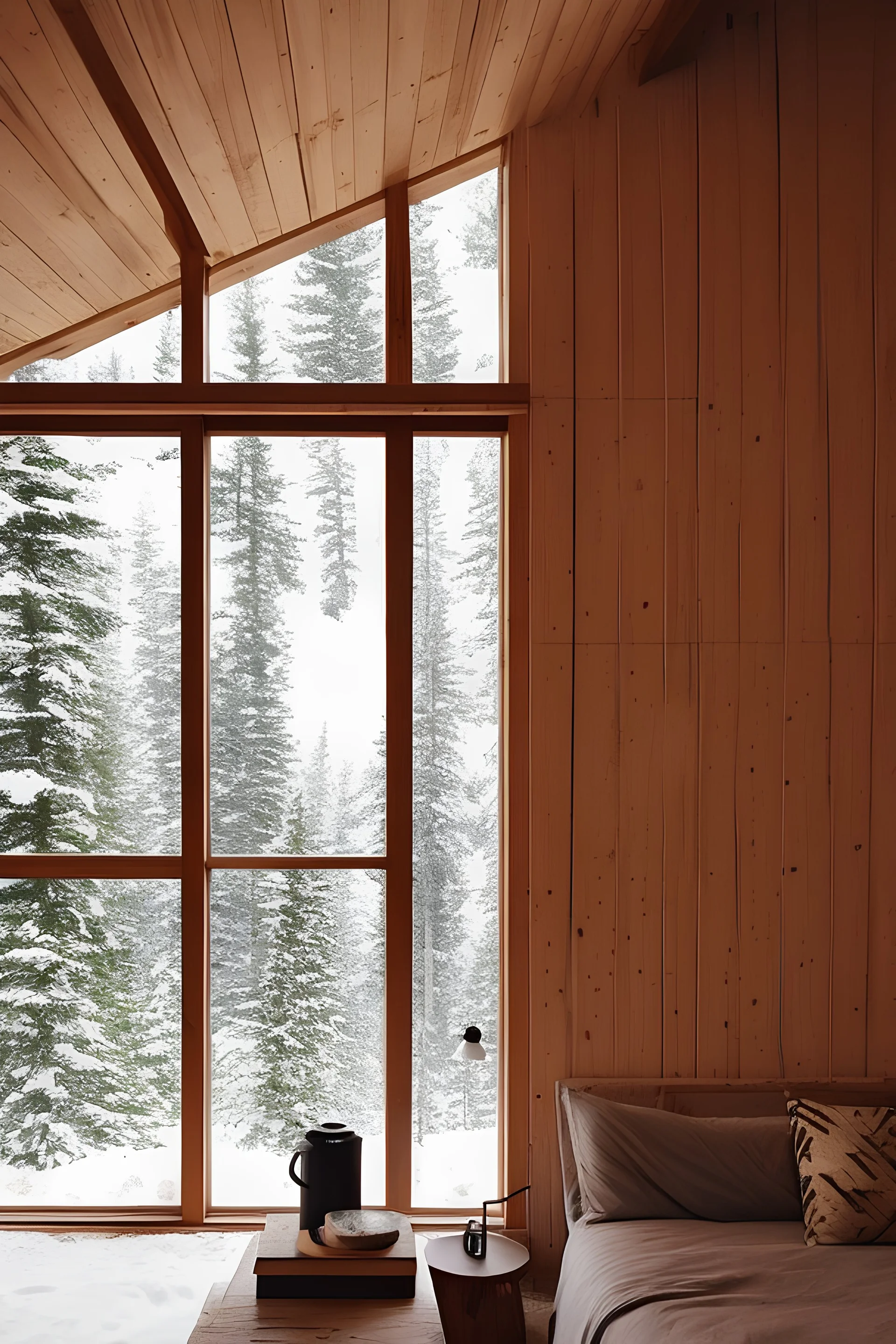 Intérieur chalet bois et béton dans montagnes avec sapins et neige. Lumière soleil couchant