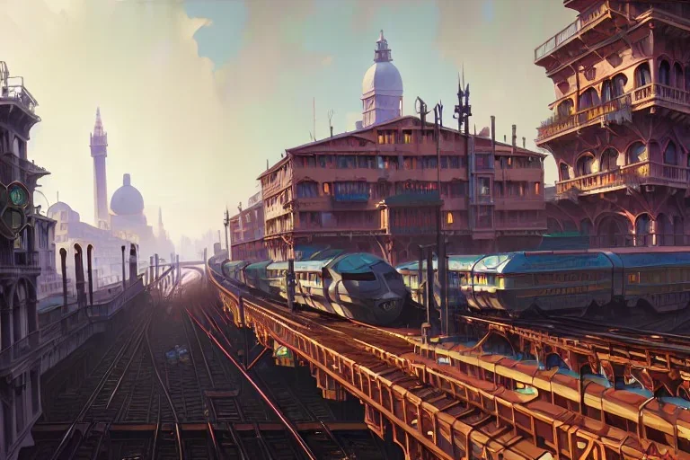 close up train+Elevated train+corner Venice building+Italian sea village +alphonse mucha, greg rutkowski,matte painting, cryengine, hyper detailed, felix kelly, fantasy art, seb mckinnon