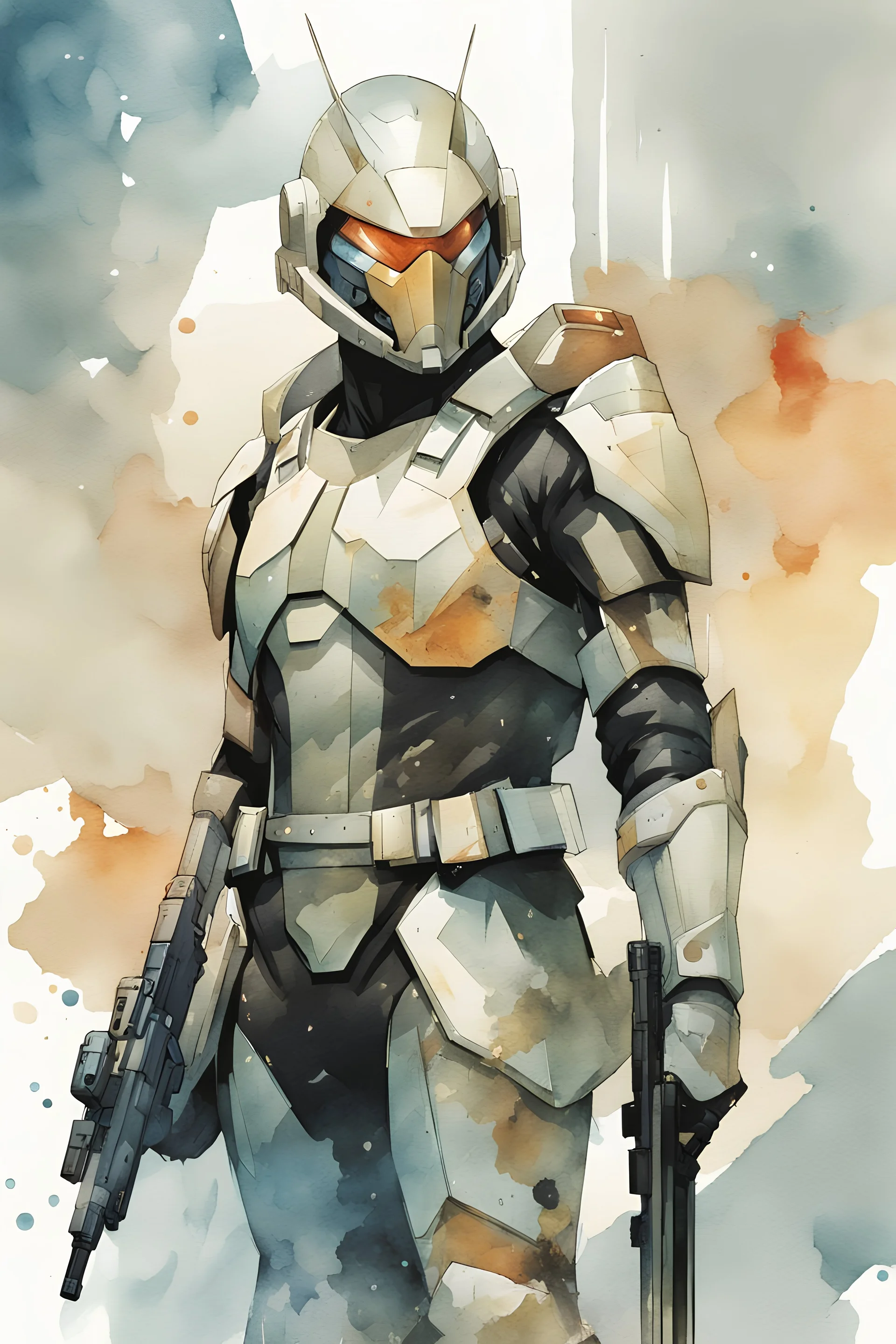 futuristic soldier in armor, watercolor style, ultra detailed character, simple background, by dustin nguyen, akihiko yoshida, greg tocchini, greg rutkowski, cliff chiang