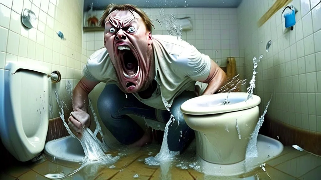 angry russian keeps flushing the toilet while water spills on the floor