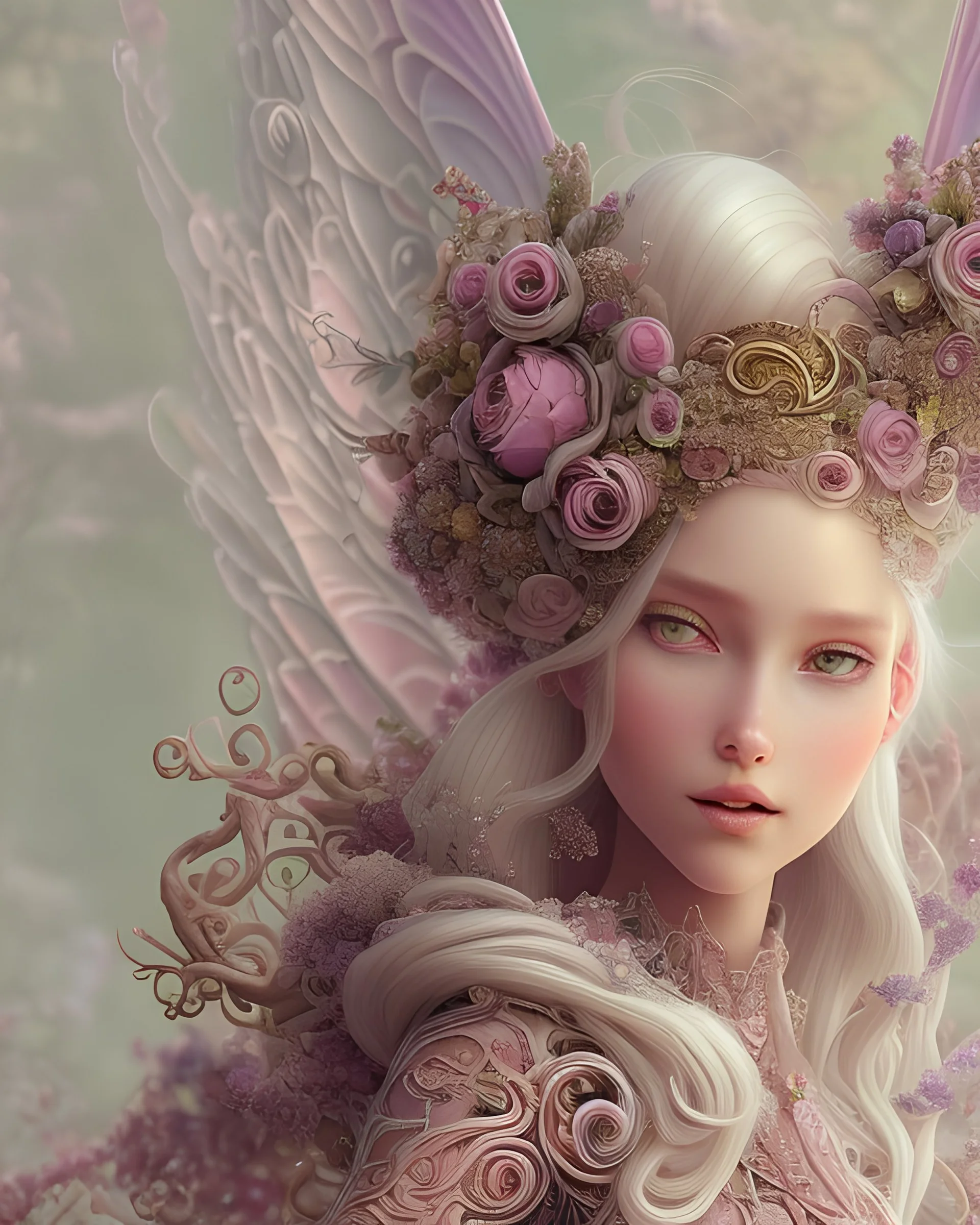 Ultra realistc natural bosco fairy in white dress with white hair. Around lilac, indigo, bianco giallo and pink natural roses. White backgroung. An intricate detailed white 3D paper patchwork, crown, diadem, fantasy, rose tones, beautiful, perfezione