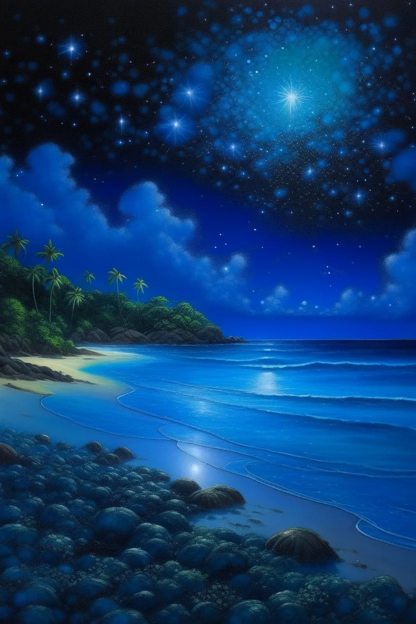 The beach of the island of Leela its waters are full of blue stars illuminated by blue light Oil painting