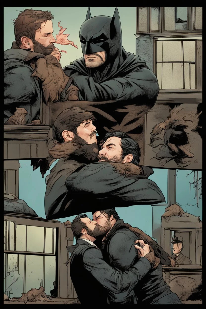 Arthur Morgan kissing Batman while Ben affleck jumps onto John Wick.