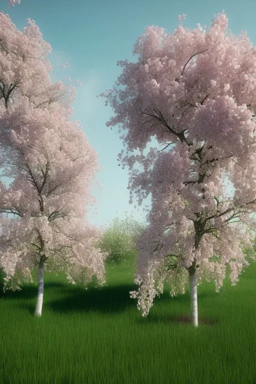 pommiers en fleurs, prairie, vray, rendu houdini