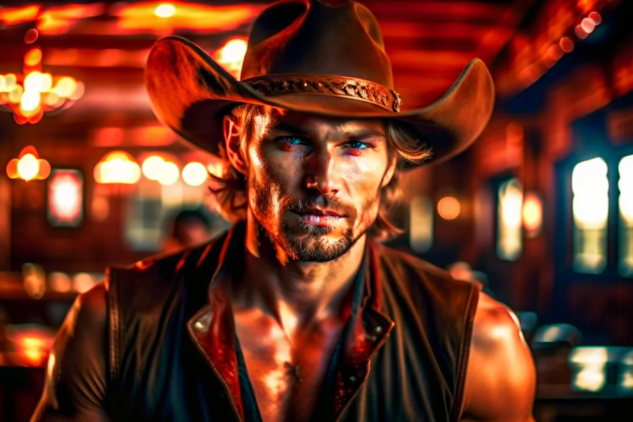 Young rough and rugged muscular cowboy photorealistic in a saloon