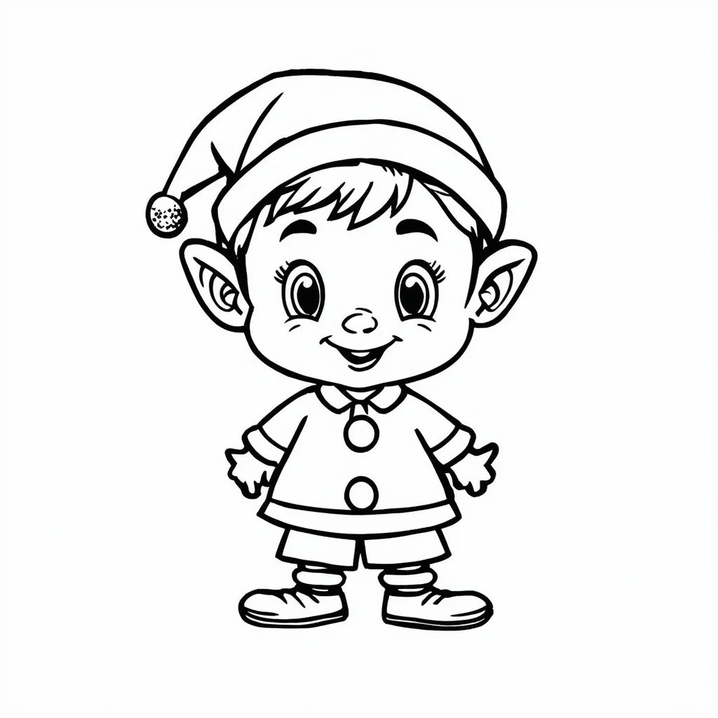 A black and white cute drawing of an Christmas ELF. Only outline, white background,for kids. The illustration should be in [SUPER SIMPLE], black and white, bold line art with a clear, mostly empty background. [INCLUDES ONLY OUTLINES WITH NO FILLED IN BLACK AREAS], ensuring no shading, no complex images, and making it very easy to color in between the lines.