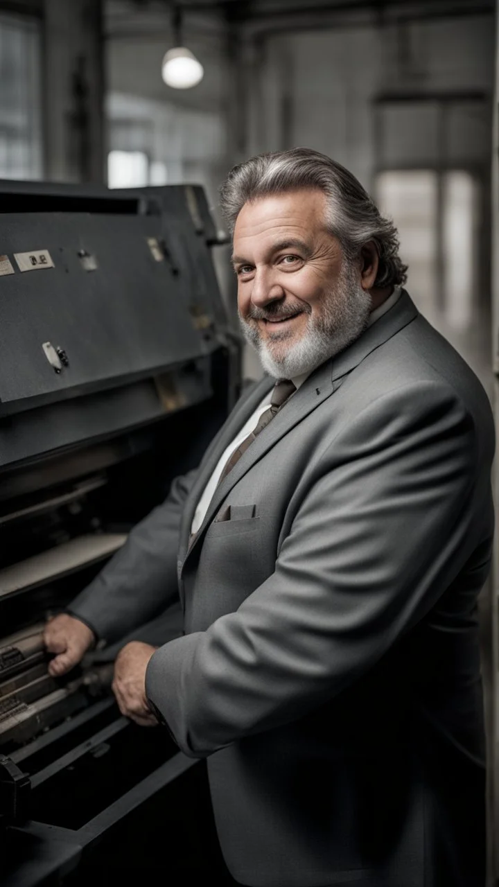 full figure shot photography of an italian smiling strong massive big chubby 50 year old man in opened gray suit, manly chest, unbuttoned shirt, short beard, shirtless, printer in an old printing house, next to a huge old printer, dim light, side light, ambient occlusion