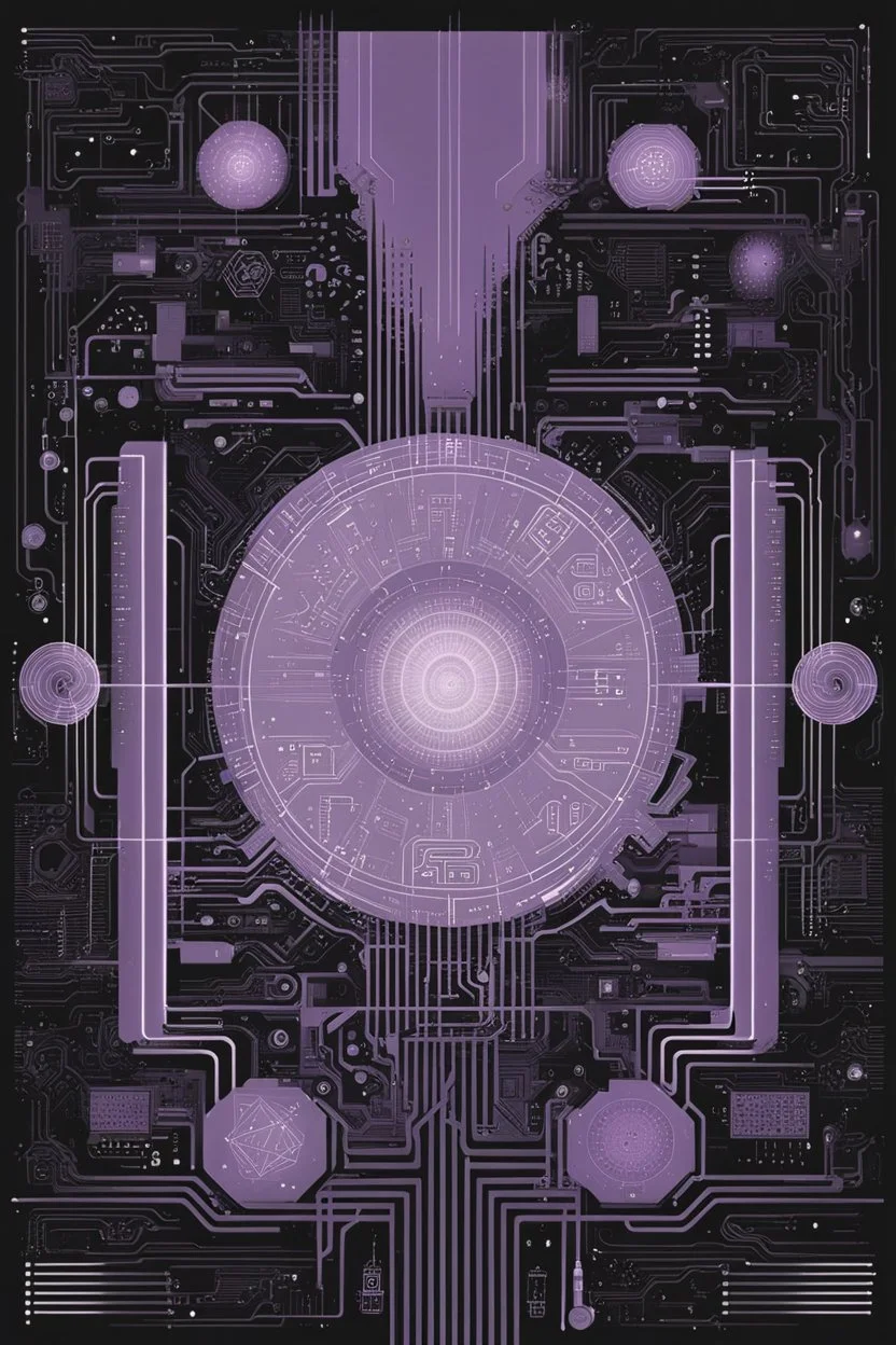 illustration, black and white art, minimalism, fall, rise, birth of androids in an hour-long pale purple plasma funnel with no end in sight, digital walls, with complex codes, programming language, numerical numbers, metallic lines, chips, circuits, dark colors, the creepy image of a transhuman future. On the walls, abstract and geometric shapes, digital and programmed art, cyber futurists, spash art, abstract style, surreal mode, minimalism