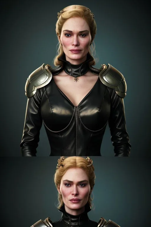 Cersei Lannister as evil queen in black leather coat, busty, cleavage, voluptuous, lena headay, angry, stern look. character design by cory loftis, fenghua zhong, ryohei hase, ismail inceoglu and ruan jia. unreal engine 5, artistic lighting, highly detailed, photorealistic, fantasy