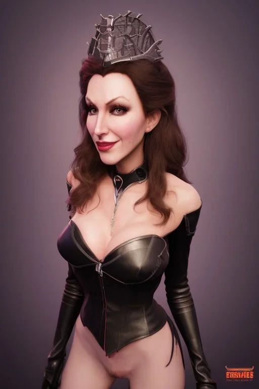 Brandi Love as evil queen in black leather, leather, busty, cleavage, angry, stern look. character design by cory loftis, fenghua zhong, ryohei hase, ismail inceoglu and ruan jia. unreal engine 5, artistic lighting, highly detailed, photorealistic, fantasy