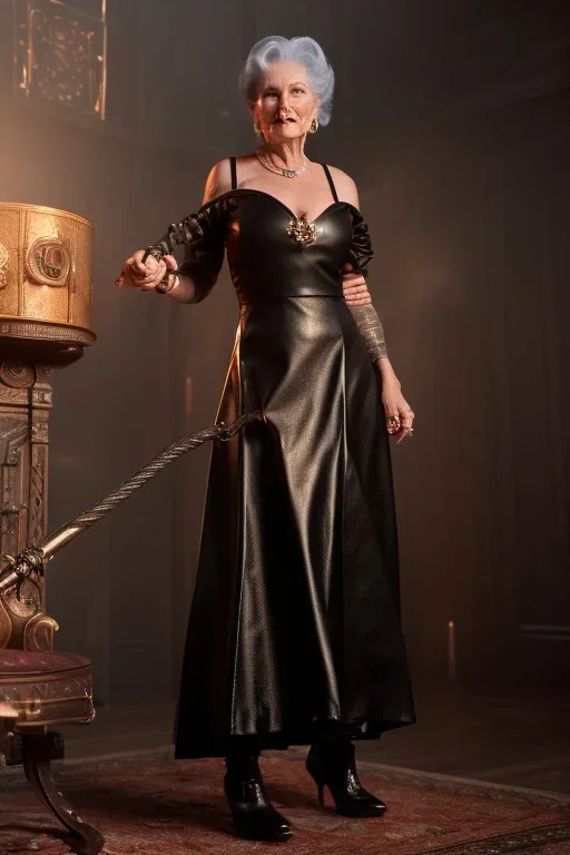 old beautiful evil witch in black leather gown with a whip in her hand, big chest, angry face, inside a dungeon