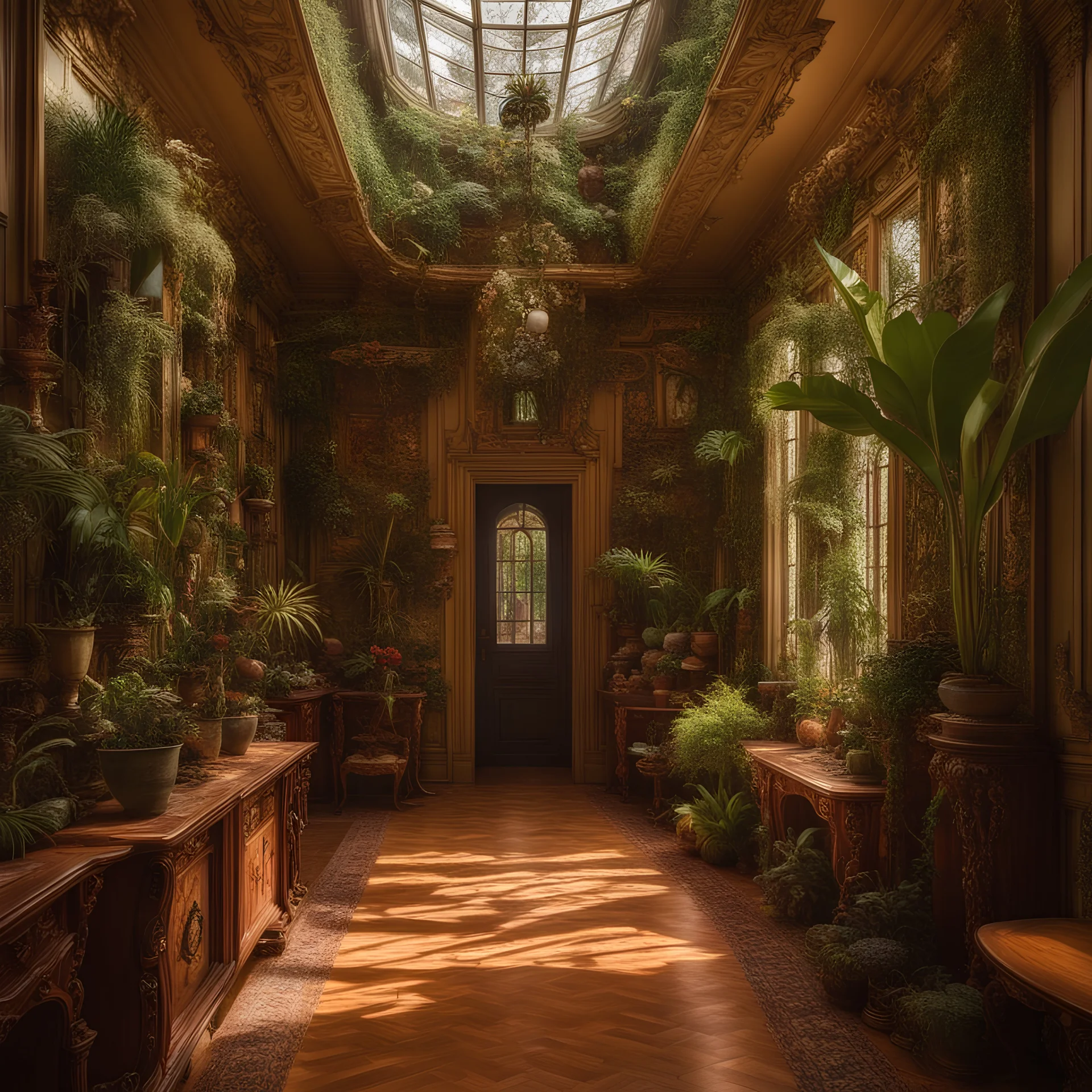a hallway with a lot of plants and a lot of windows and doors on the side of it and a lot of plants on the floor, Enguerrand Quarton, maximalism, fantastically gaudy, a flemish Baroque