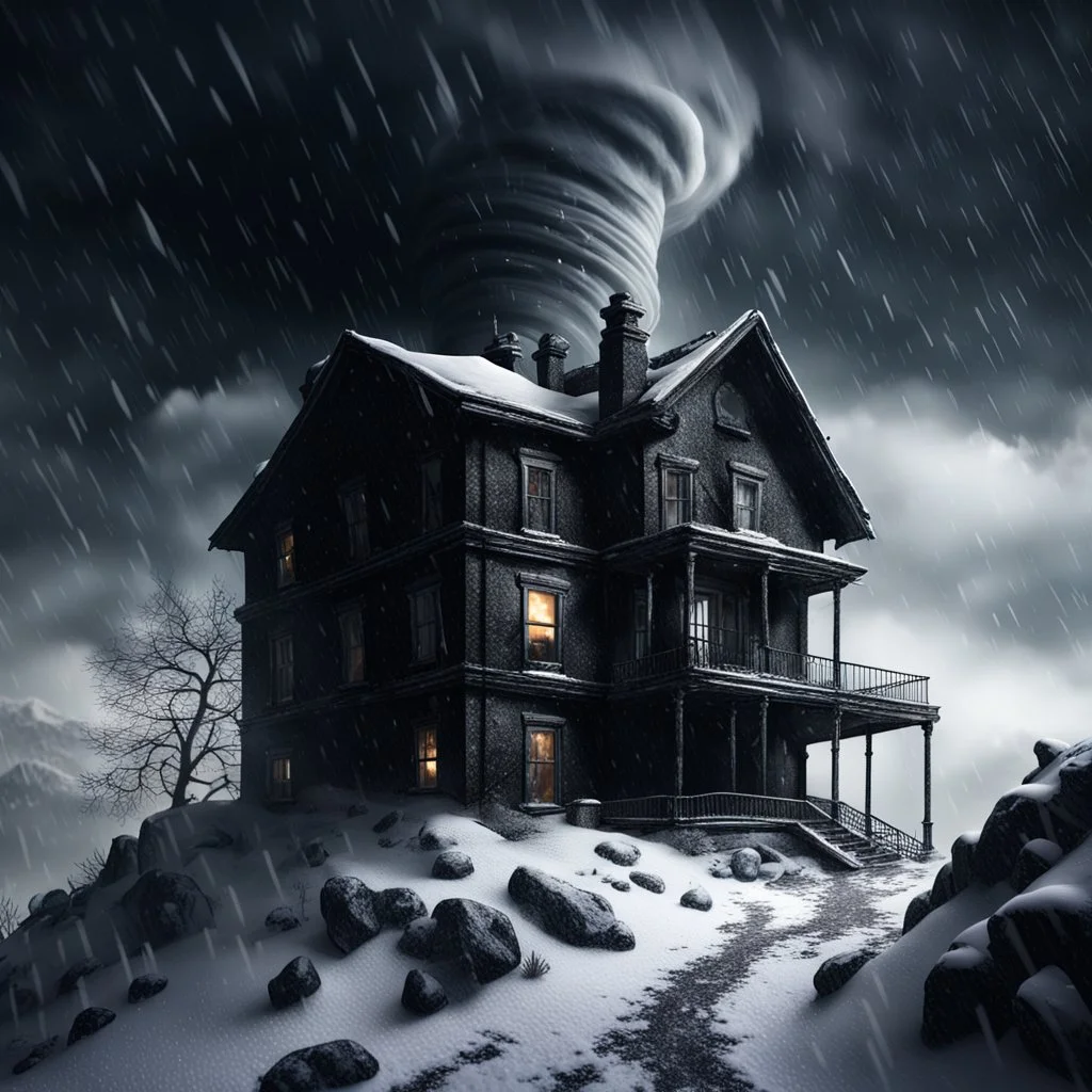 Hyper Realistic black abandoned dark haunted house on the top of a mountain at heavy snowfall night with tornado behind