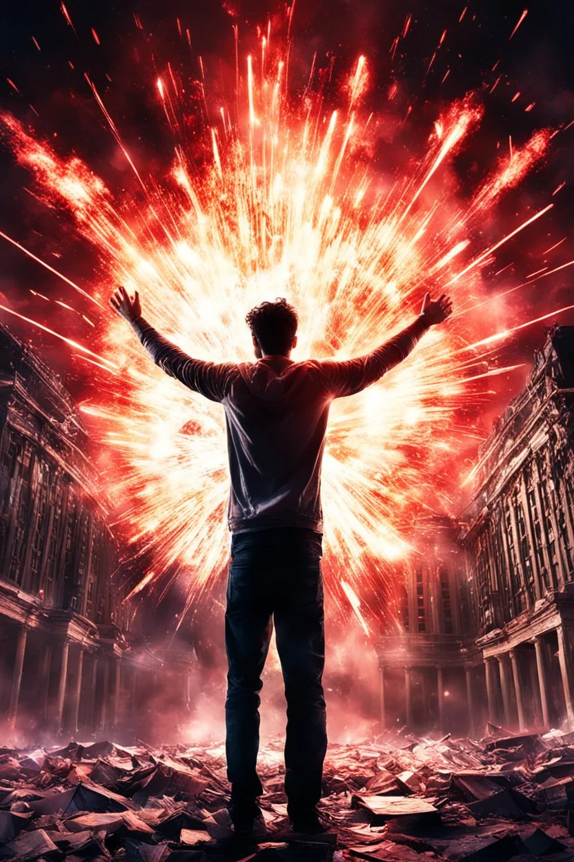 Young man standing, with arms raised, in front of an exploding building at night, with red auras around him