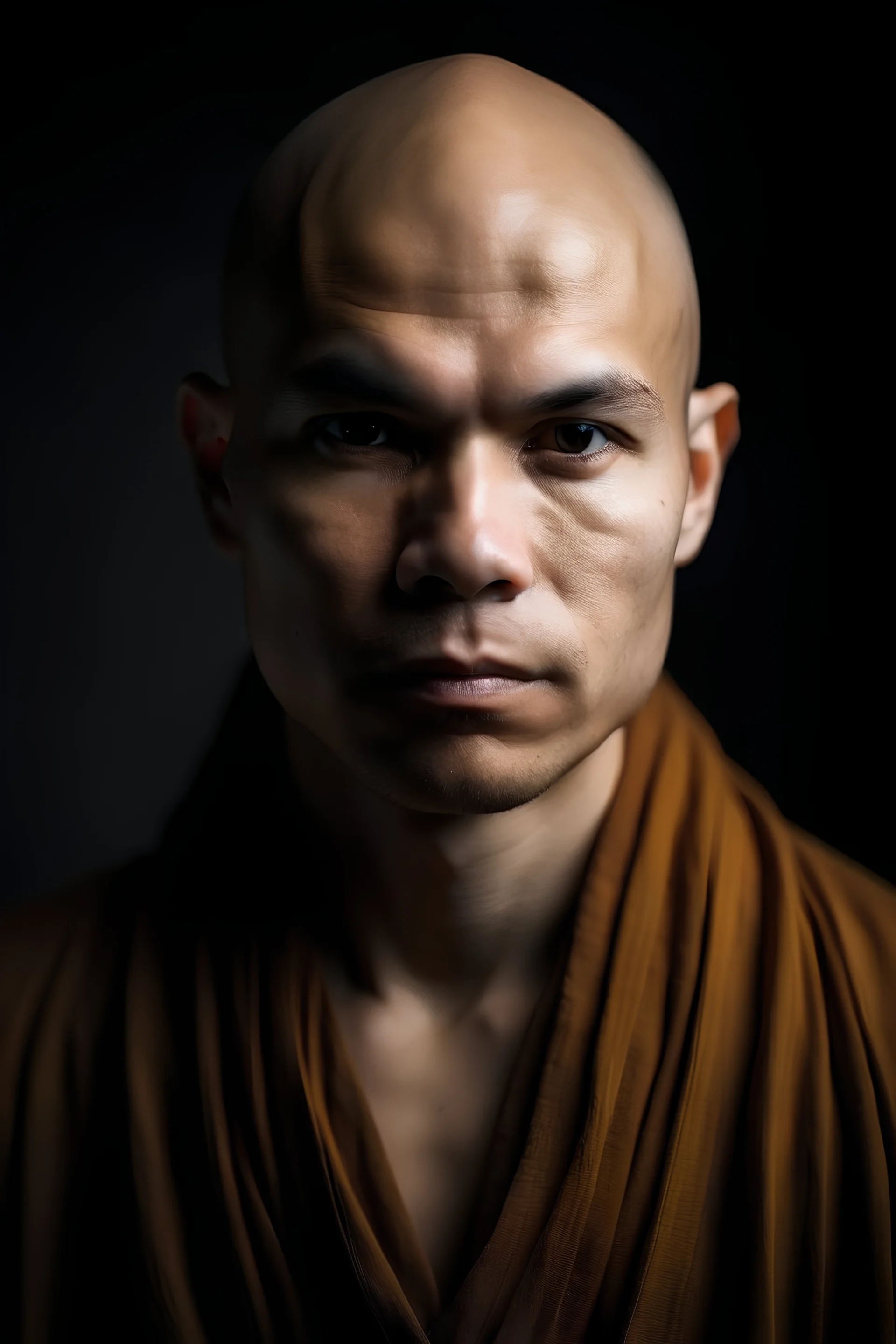 half body of a 30 year old wise monk looking straight to the camera