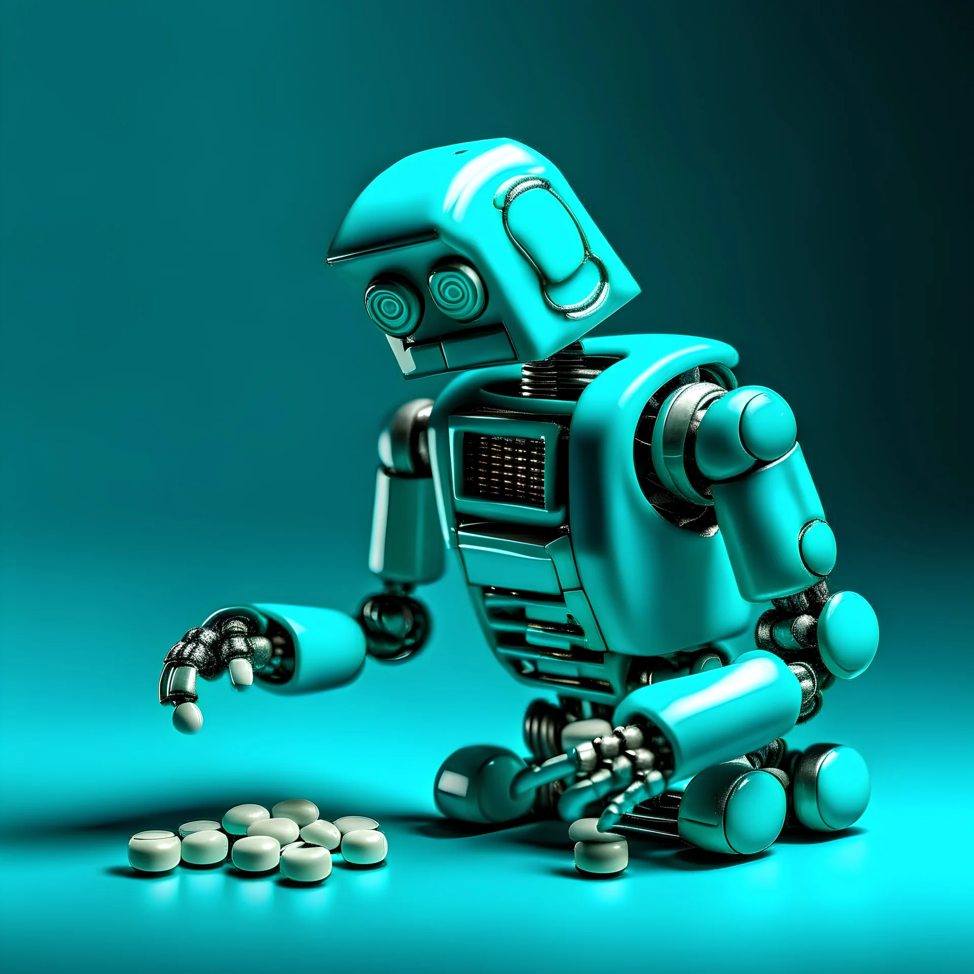 an old robot, turquoise, taking pills
