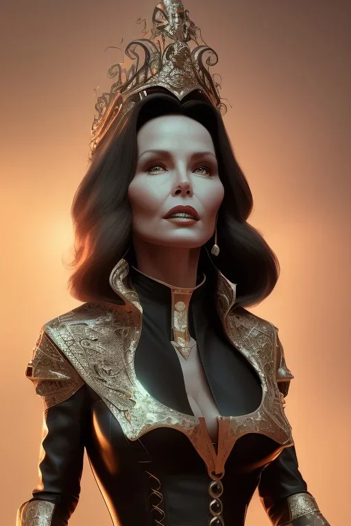 Jaclyn Smith as evil queen in black leather, busty, cleavage, dominatrix, curvy, angry, stern look. character design by cory loftis, fenghua zhong, ryohei hase, ismail inceoglu and ruan jia. unreal engine 5, artistic lighting, highly detailed, photorealistic, fantasy