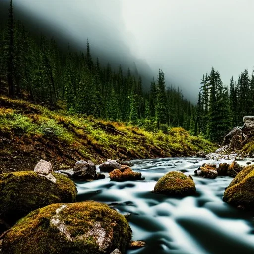 dense florest landscape with a river in a raining day and some rocks, aesthetic