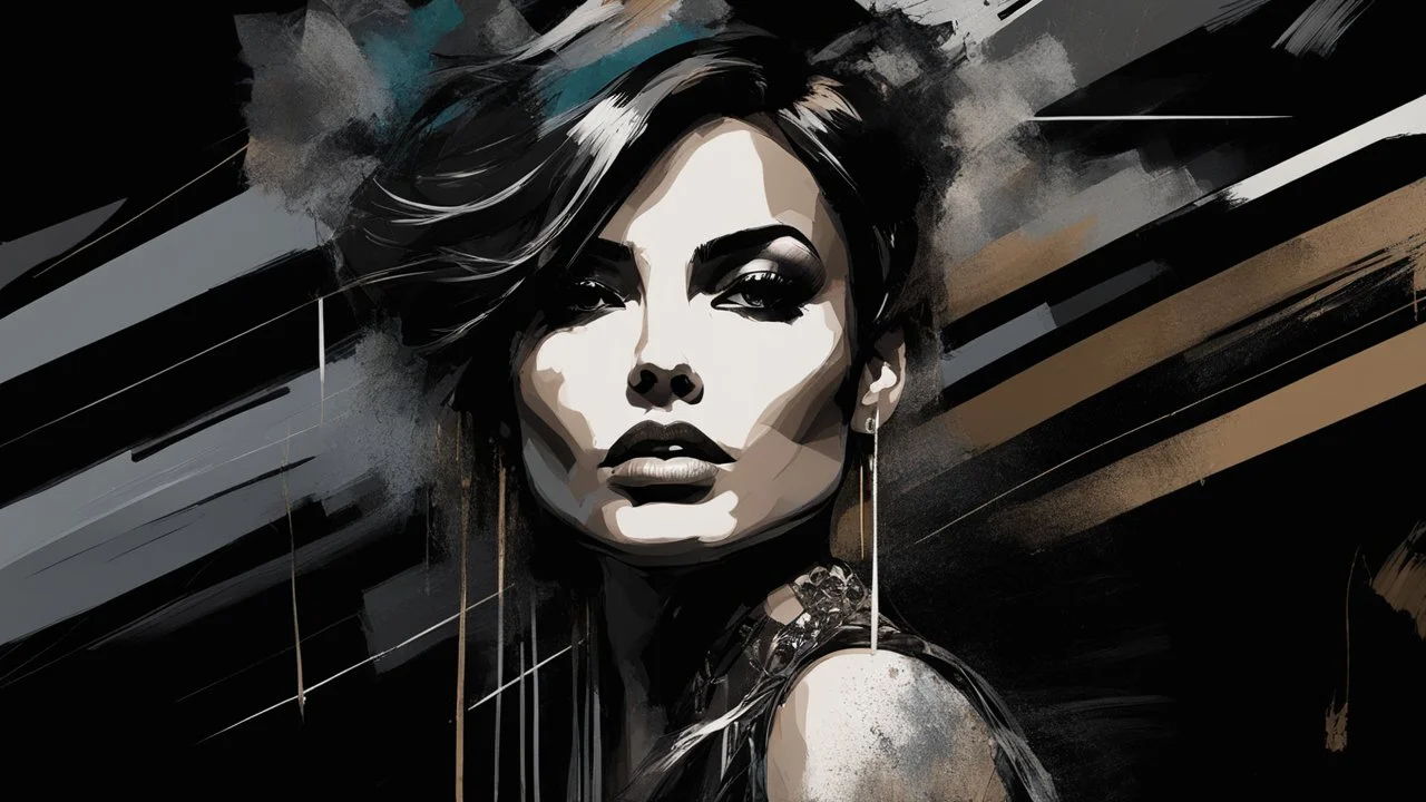 aesthetic, painterly style, modern ink, Kai sa, sensual, sultry, dark blouse, expressive pose, urbanpunk, abstract texture multilayer background, neo-expressionist , Russ Mills, Ian Miller