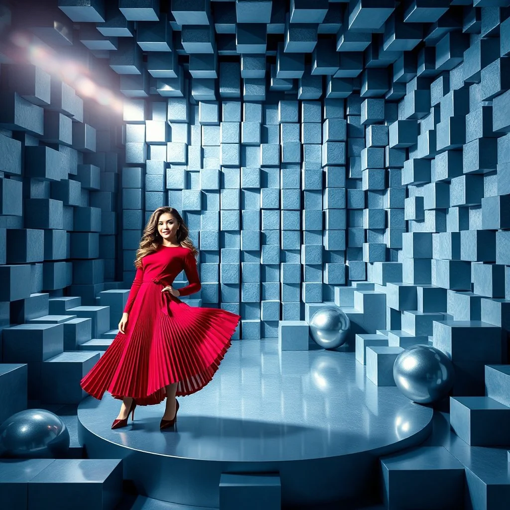 make a picture pretty stage made of metallic blue-gray teme 3d recursive cubic and sphere base structures and a beautiful fashion model lady posing with cute in black and white and the scene is in color,with dark red top and pretty pleated midi skirt ,makeup curvy long hair,dynamic camera zoom to full body and pan, dynamic lights.