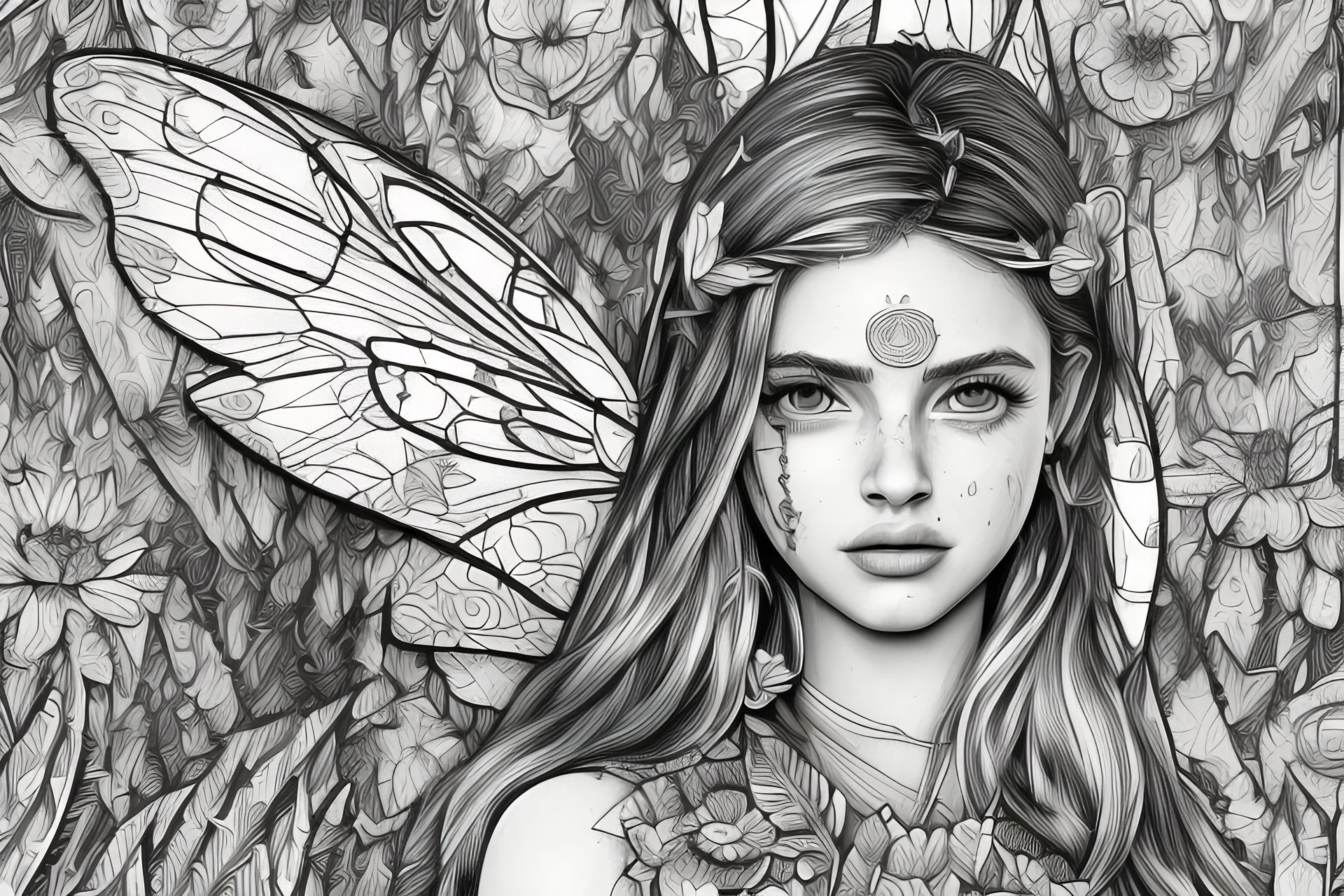 black and white illustration, intricate lineart, sharp focus, high quality, beautiful female sleeping among flowers, fairy wings, looks like ( ana de armas or isabel moner or kristina pimenova or alicia vikander ), art deco, coloring book style