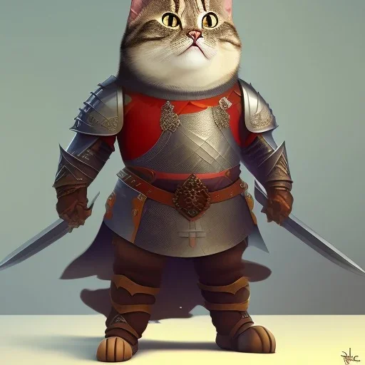 Cat warrior, medieval armor, ready for battle, Pixar, Disney, majestic, full body, proud --v 4