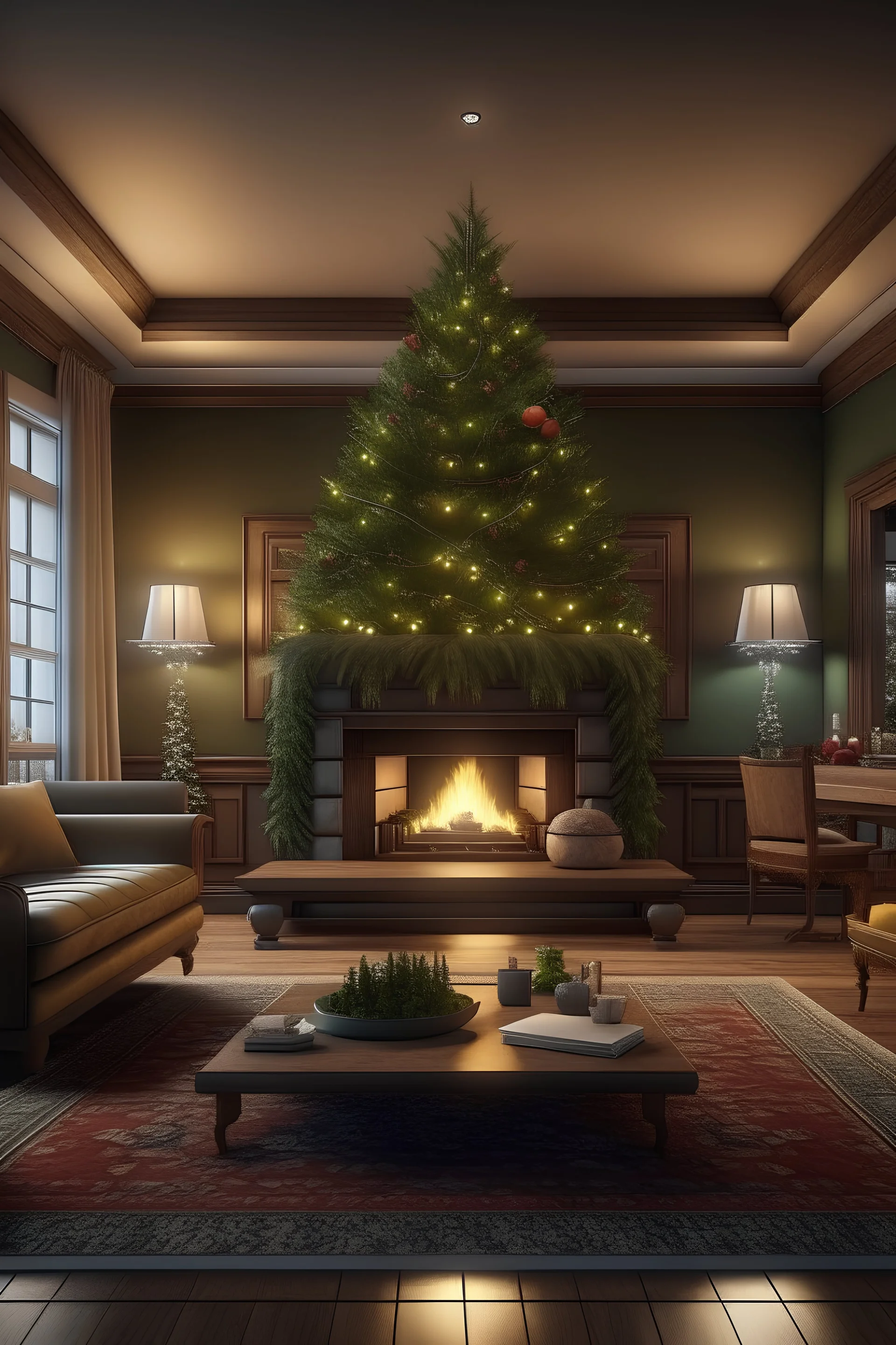 Create a realistic 8k image of a cozy and inviting living room, decked out for a festive Christmas celebration. Envision a smaller room with a more intimate atmosphere, featuring a larger fireplace and an impressive Christmas tree. On one side of the room, there's a grand fireplace radiating a comforting glow with a crackling fire. On the opposite side, a majestic Christmas tree stands tall, adorned with twinkling lights and classic vintage ornaments. The entire room exudes a charming and old-fa