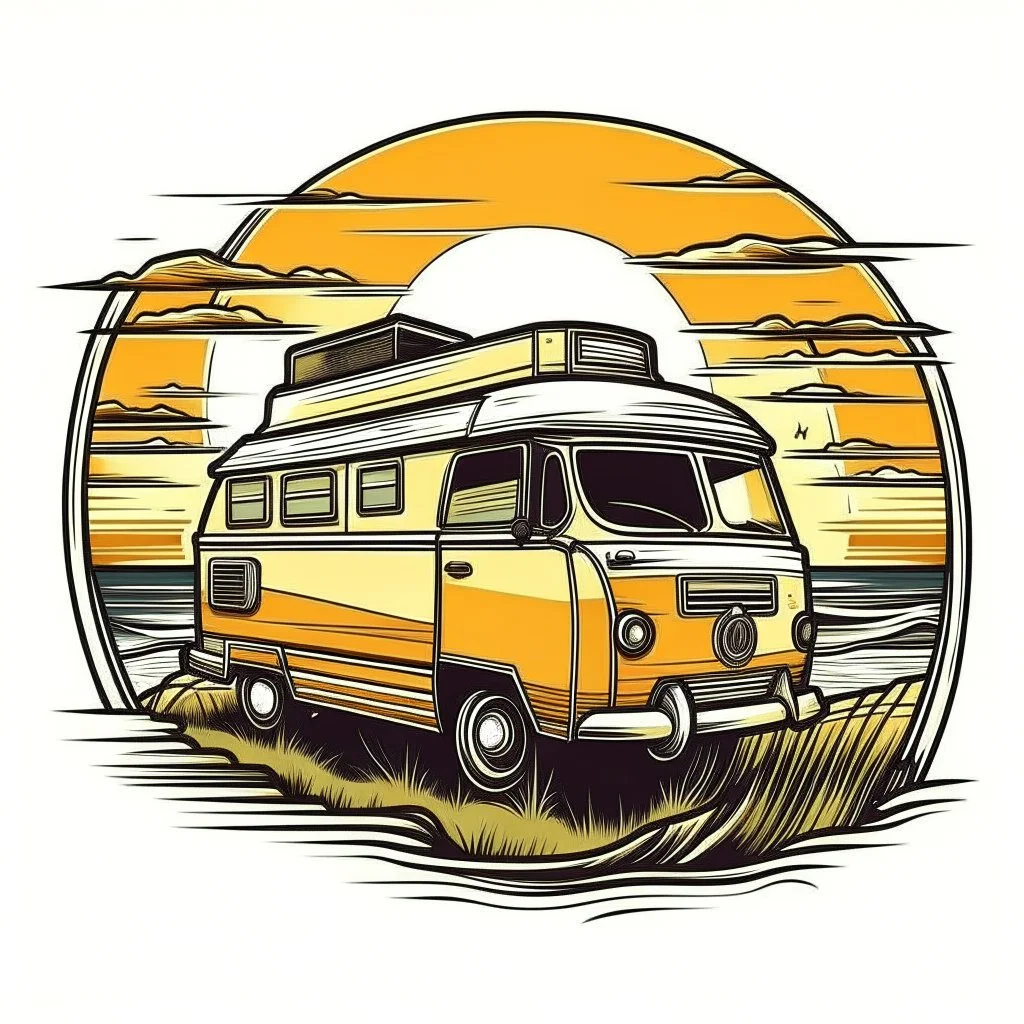 A retro camper van parked by the ocean, nostalgic, carefree, golden hour lighting, T-shirt design graphic, vector, contour, white background.