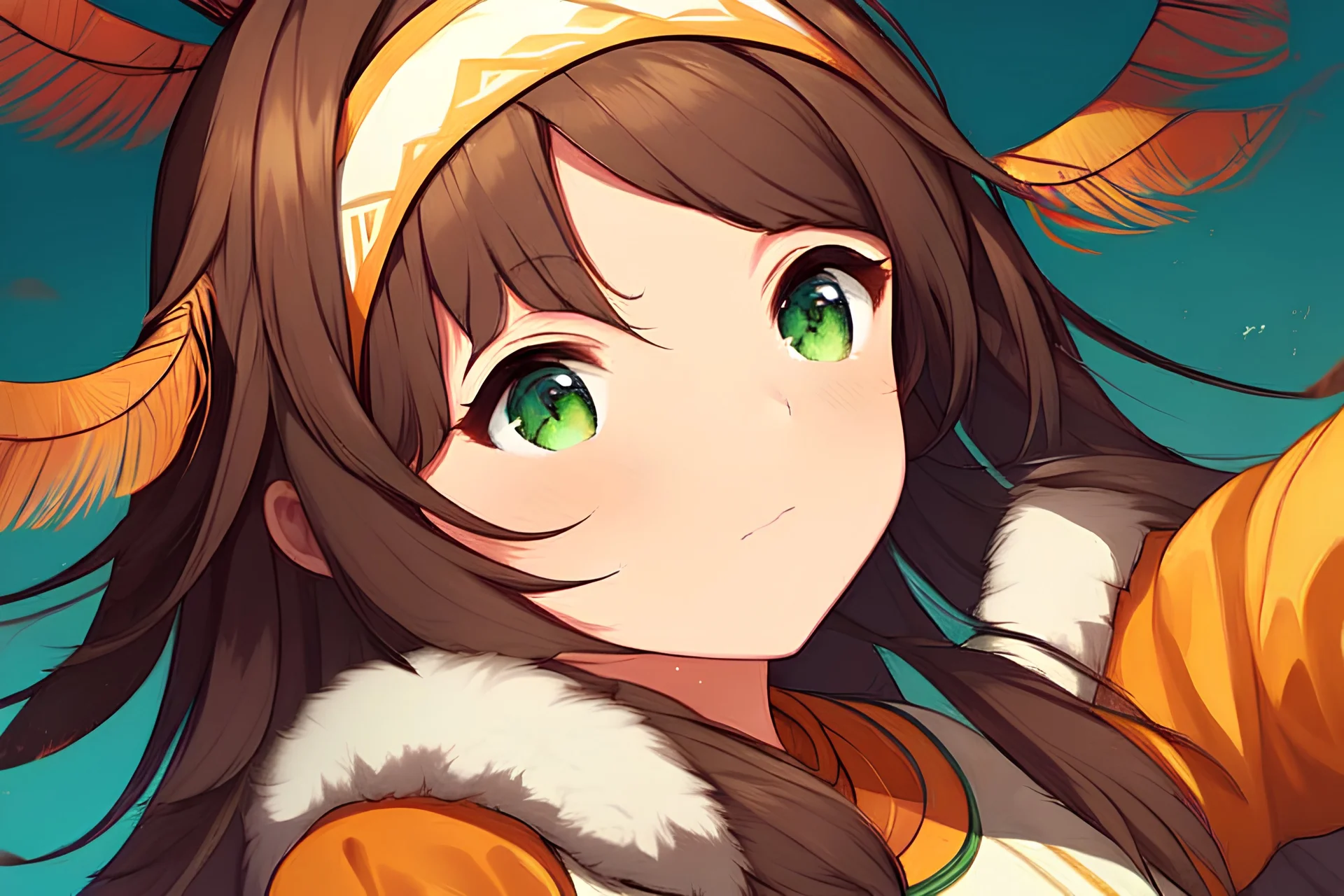 A highly detailed digital close-up painting of a beautiful anime girl, long brown hair, expressive detailed green eyes, freckles, cute, lively, one with nature, feathers in hair, native, head band, native American