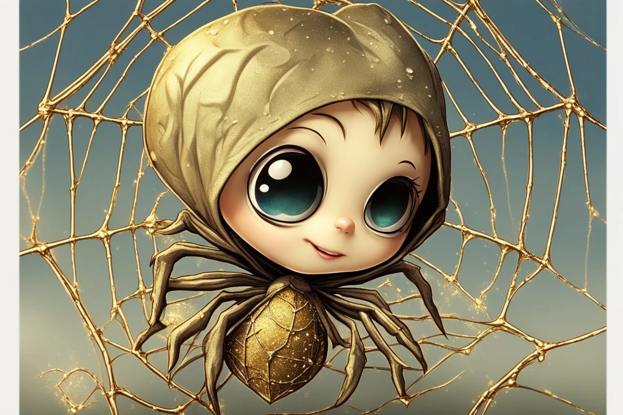 Cute chibi spider in heart shaped web, water drops and golden glitters in sunshine Weight:1 horror Gustave Doré Greg Rutkowski Weight:0.9