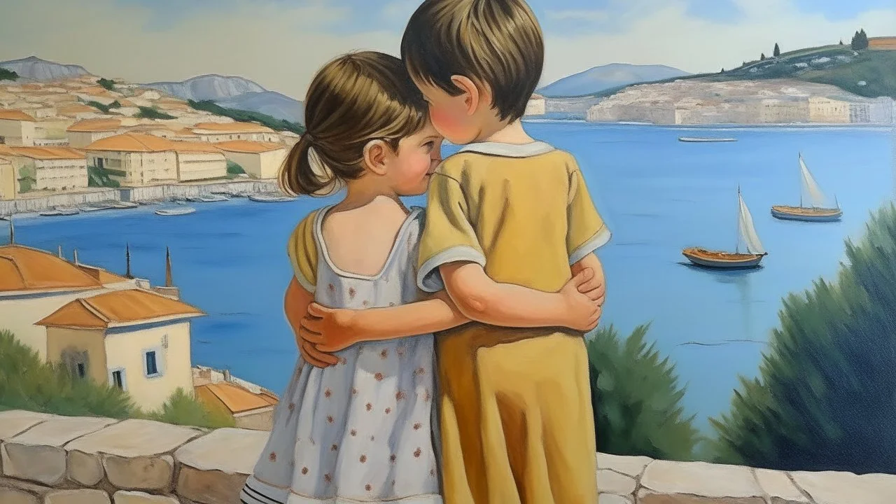 cote d'azur child hugging other child the back painting neoclassism sea